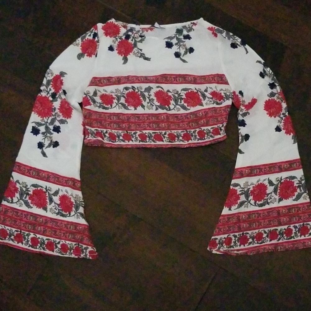 Fashion Nova White Crop Top with Red Floral Print